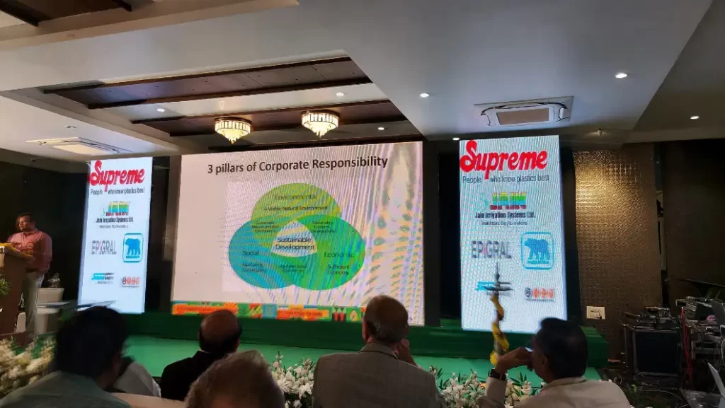 Presentation on corporate responsibility pillars at conference.