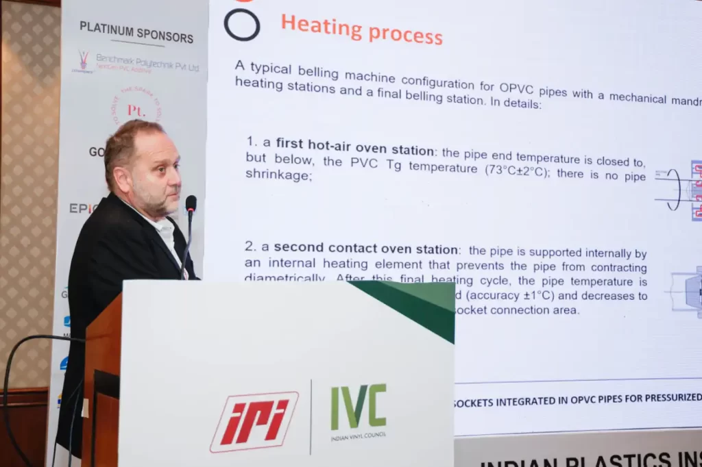 Speaker presenting heating process at conference.
