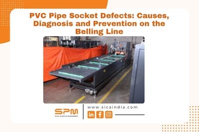PVC pipe socket defect prevention infographic with manufacturing machine